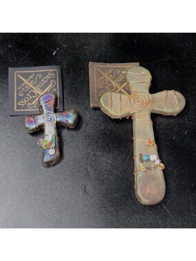 Jeremy Diller Raku Cross Lot Of 2 Magnet Ornaments Rearview Mirror Hangers